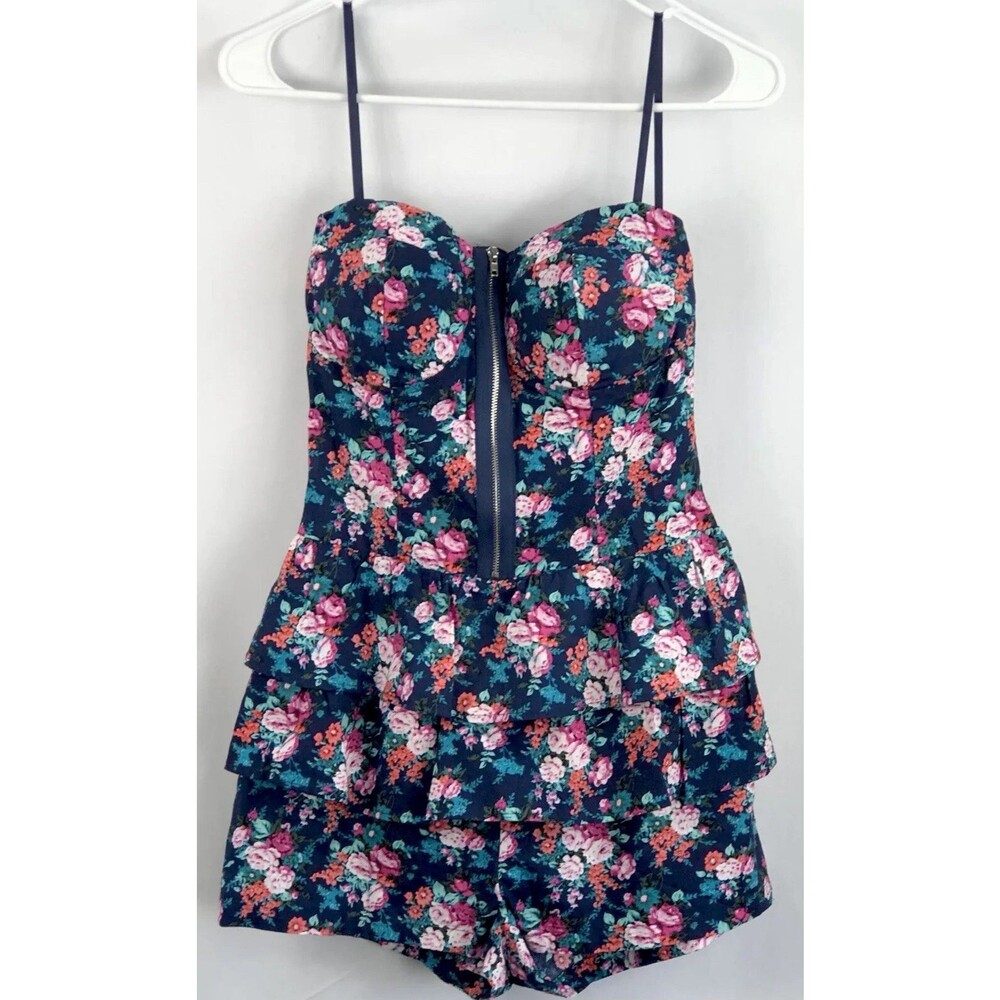 NWT Boutique sweetheart romper S Blue Floral Tiered Ruffles Strappy 90s Y2K